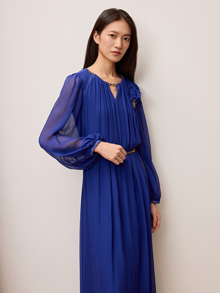 OBBLIGATO奥丽嘉朵专选2025秋季新品桑蚕丝花朵浓郁蓝修身连衣裙1C65305250