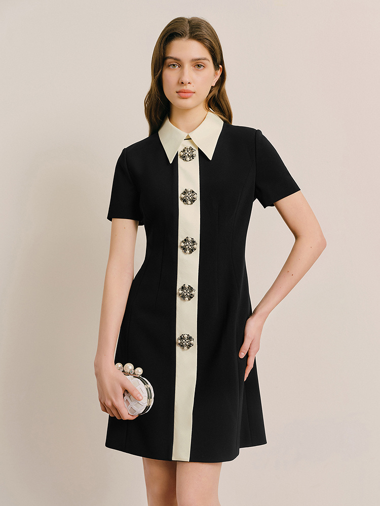 OBBLIGATO奥丽嘉朵专选2025夏季新品尖领撞色绣花扣收腰连衣裙1C65205450