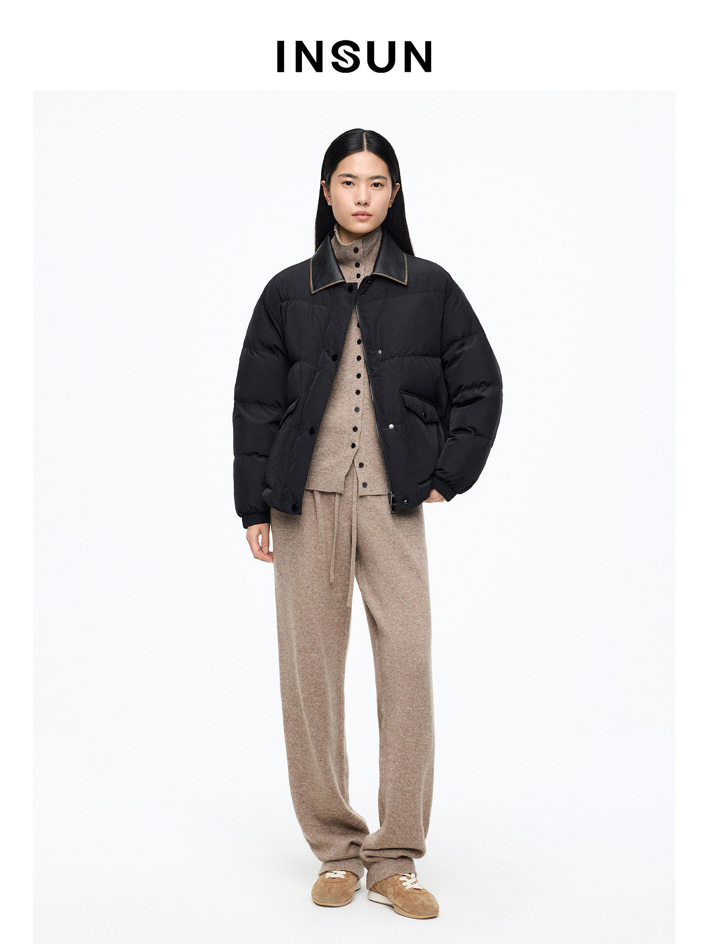 INSUN恩裳专选2026春季翻领面包格短款羽绒服9C66108580