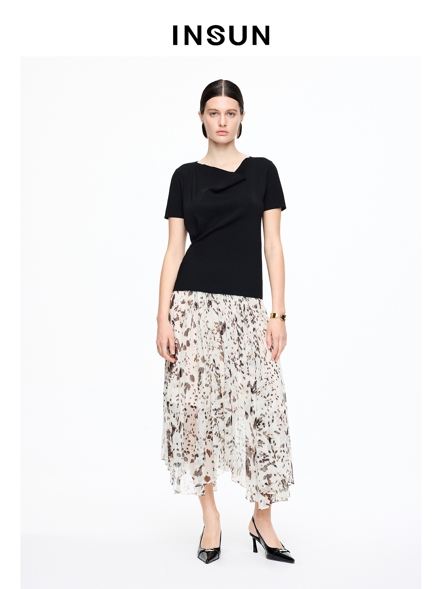 INSUN恩裳专选2026夏季荡领修身显瘦高弹短袖毛针织衫9C66206060