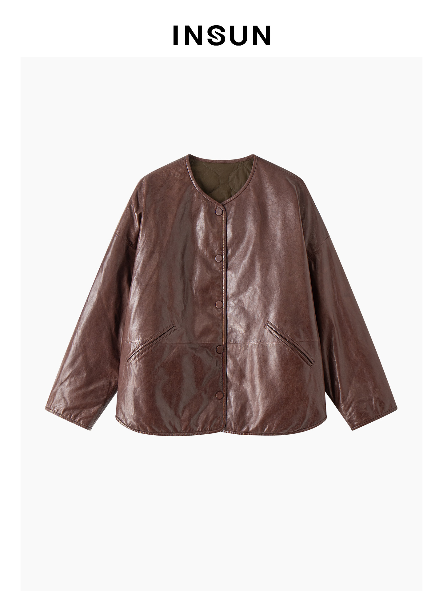 INSUN恩裳2026春季通勤风亮面利落感绵羊皮革皮衣9C36109500