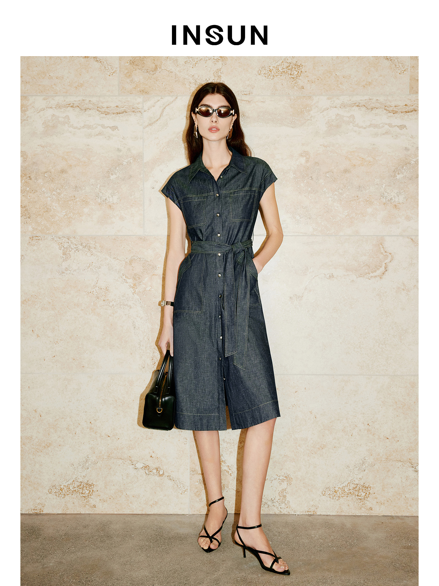 INSUN恩裳专选2026夏季复古风无袖包肩设计桑蚕丝汉麻连衣裙9C66205040