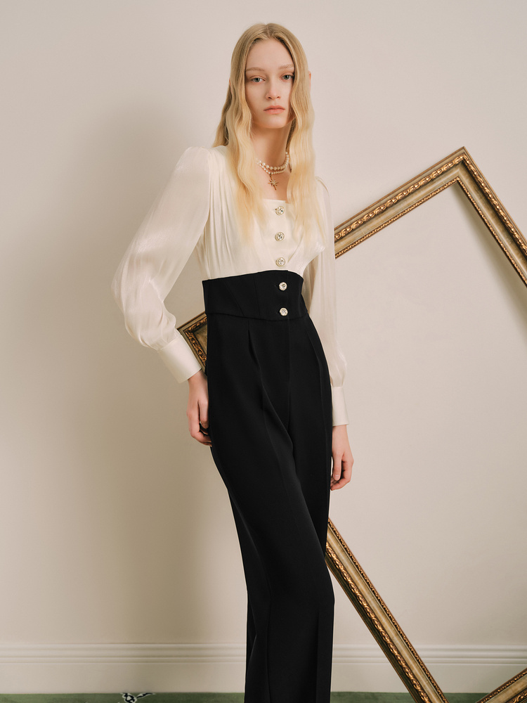 OBBLIGATO奥丽嘉朵2024春季金标黑色流光纱方领撞色连体服1C34102520