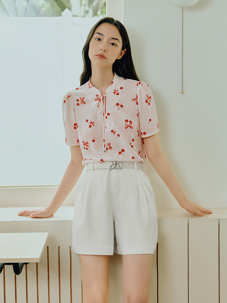 YINER音儿专选2026夏季新款时尚优雅新中式立领系带印花H型上衣8C66270126