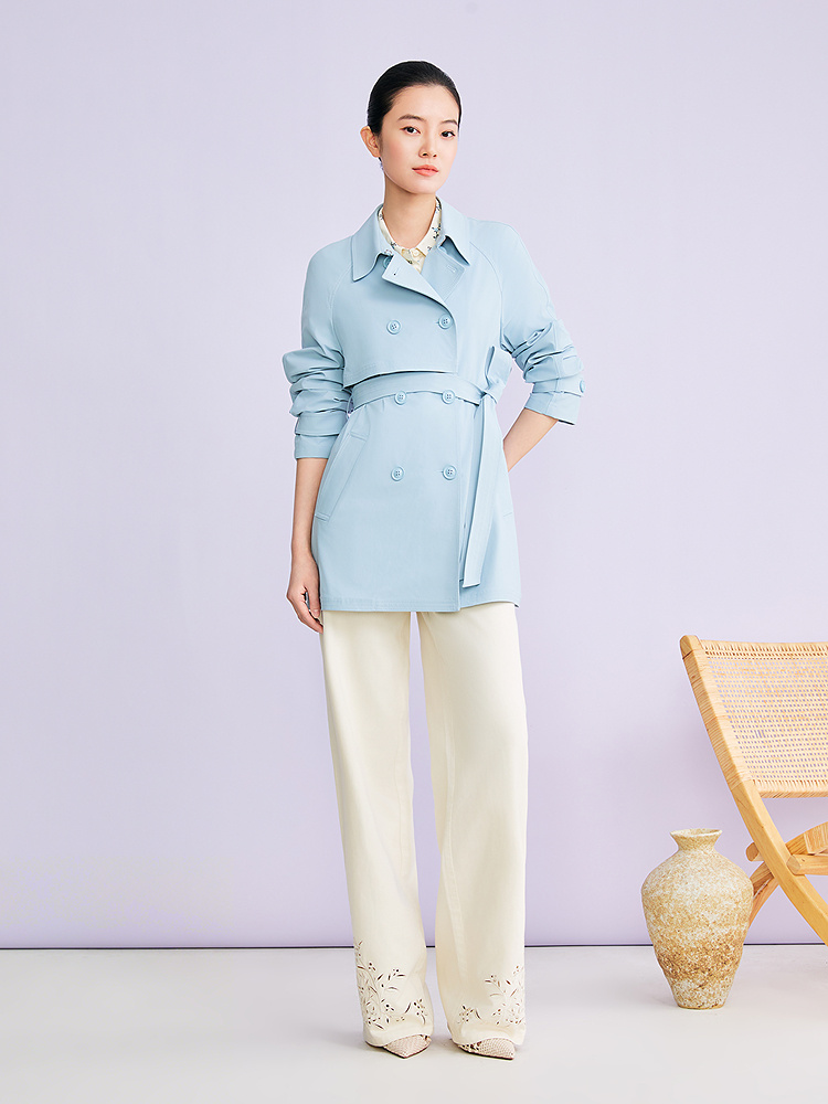 YINER音儿2026春季新款时尚优雅翻领双排扣中长款四面弹风衣外套8C36107070