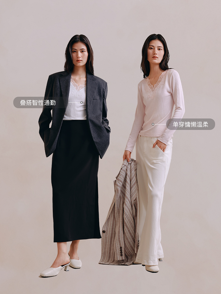 肌理棉刺绣V领长袖上衣8J35327070