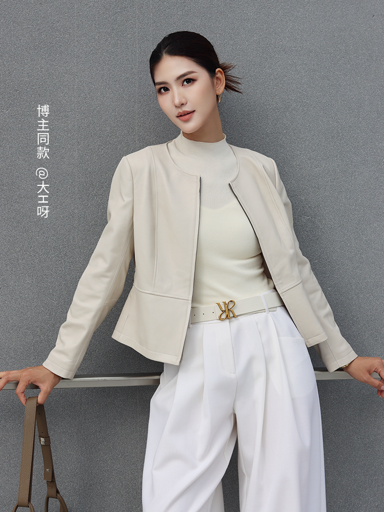 YINER音儿专选2026春季新款时尚圆领羊皮革真皮皮衣短款夹克外套8C66109176