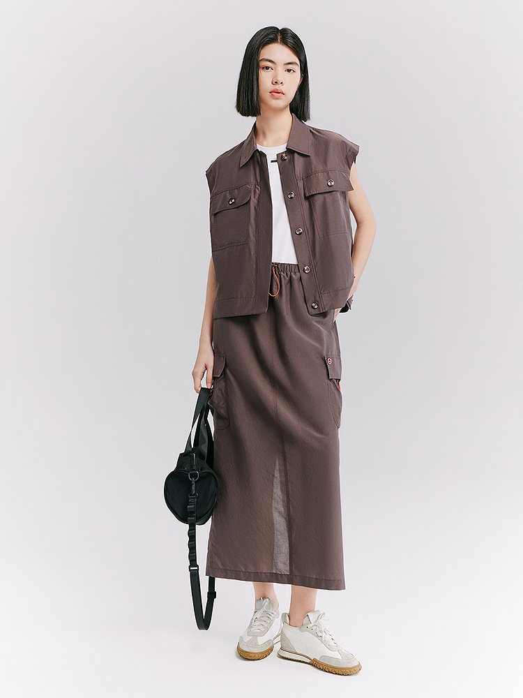 XII BASKET十二篮专选26夏新款松紧腰透气户外休闲开叉直筒半身裙7C66250030