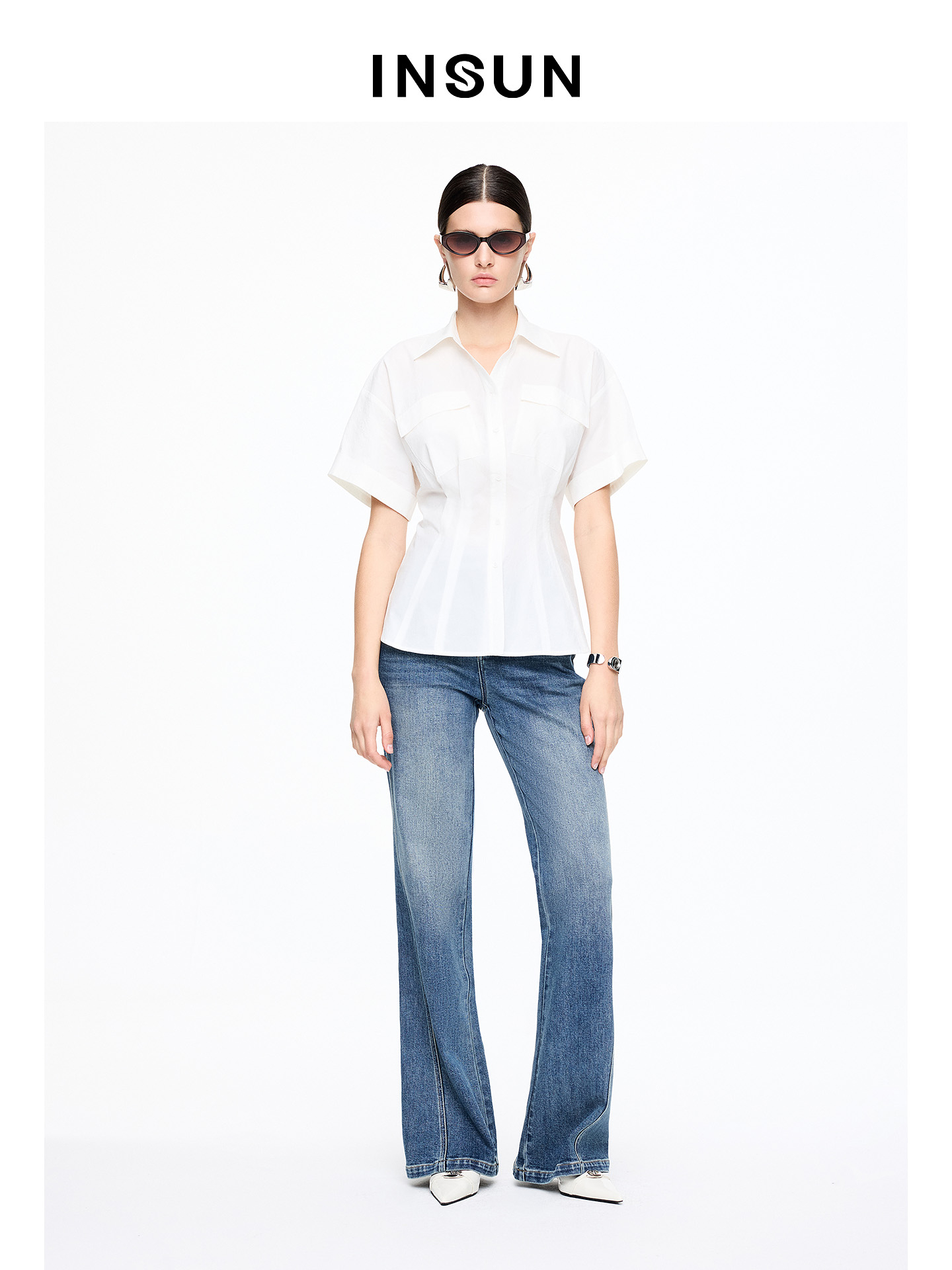 INSUN恩裳专选2026夏季V领百搭收腰100%棉衬衫9C66230010