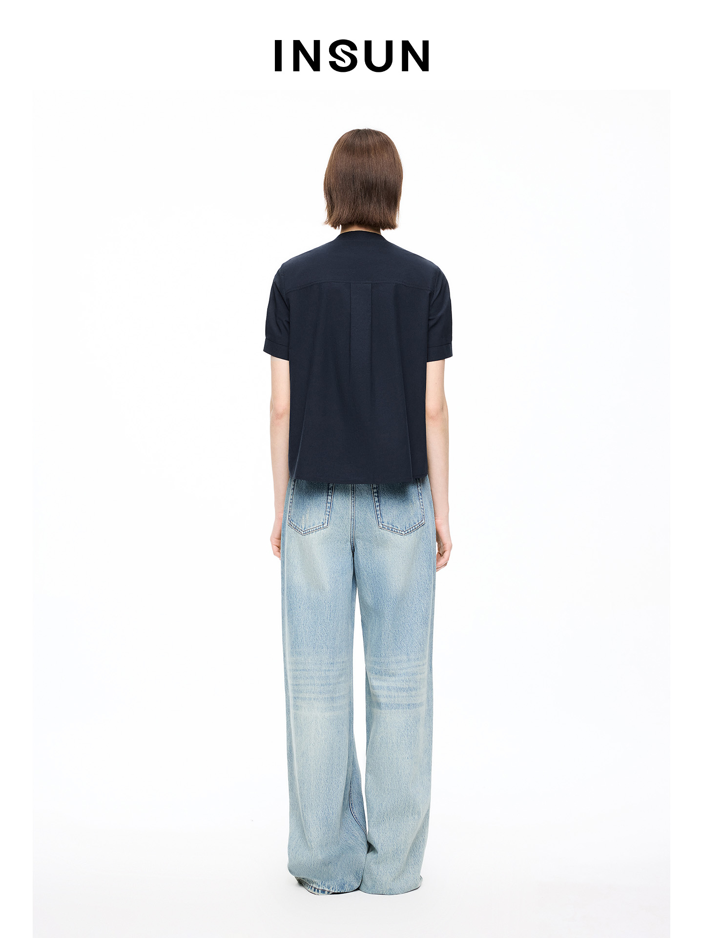 INSUN恩裳专选2026夏季V领假两件拼接100%棉短袖针织开衫9C66206080