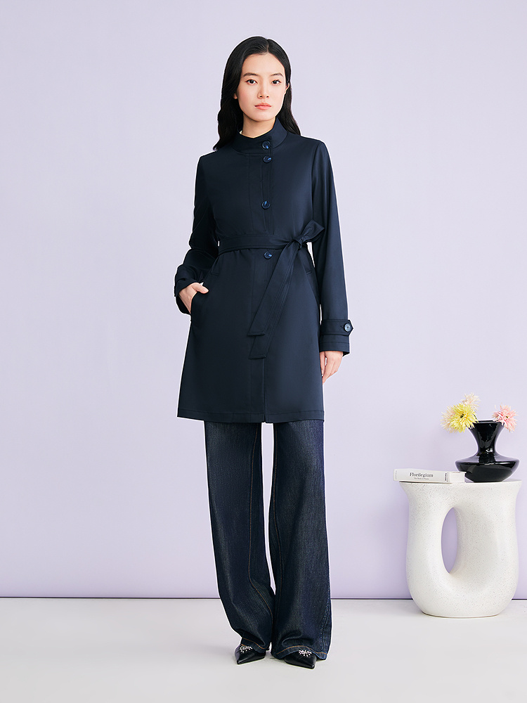 YINER音儿专选2026春季新款时尚通勤翻立两用领系带收腰风衣外套8C66107036