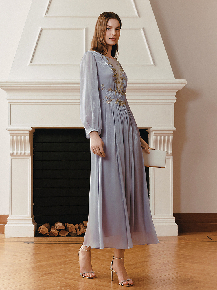 OBBLIGATO奥丽嘉朵2026夏季新款烟灰紫法式立体绣花连衣裙1C36205410