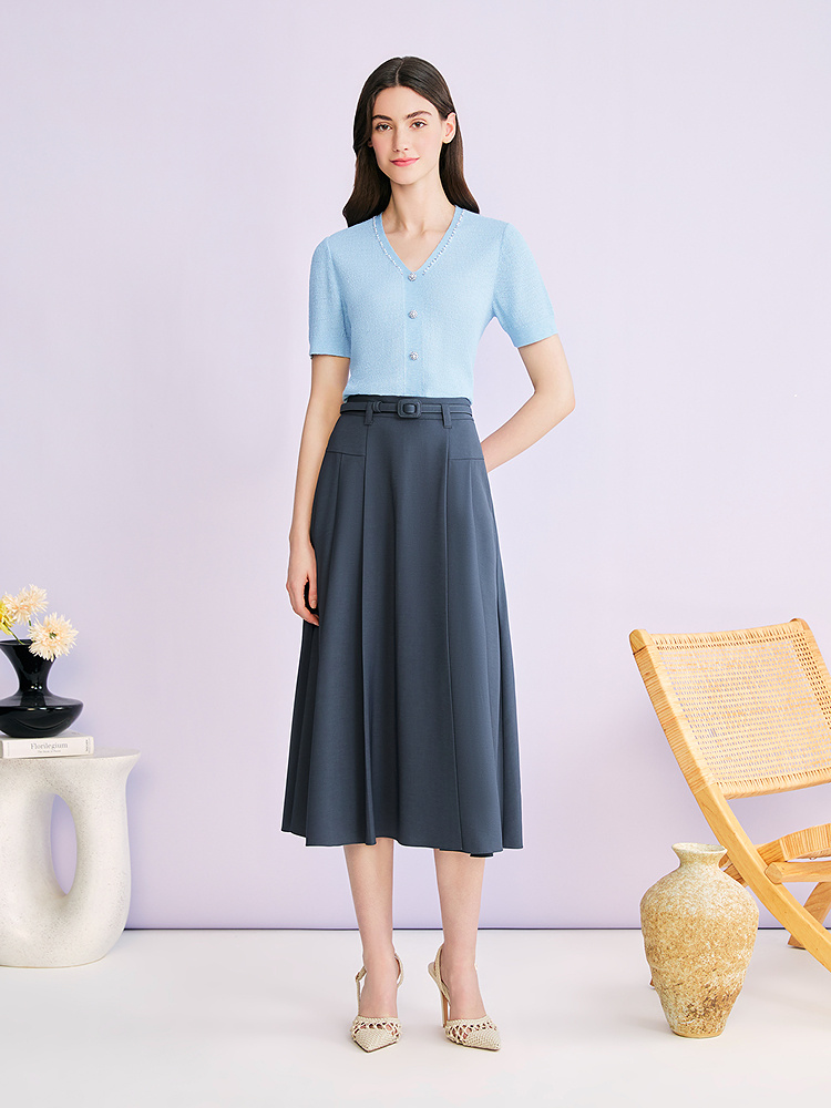 YINER音儿专选2026夏季新款知性优雅显瘦V领钉珠装饰肌理感针织衫8C66206386