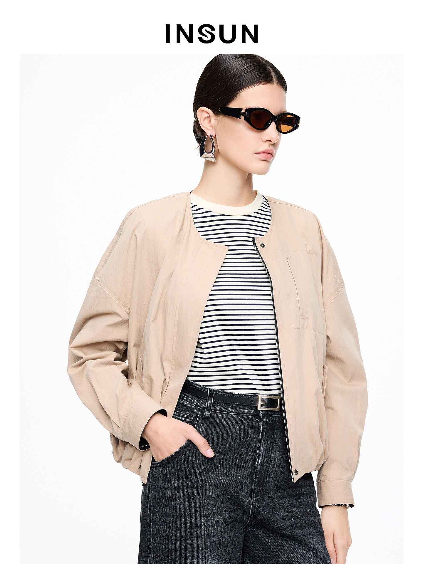 INSUN恩裳专选2026春季圆领复古风松弛感棉质双面穿短外套9C66110340
