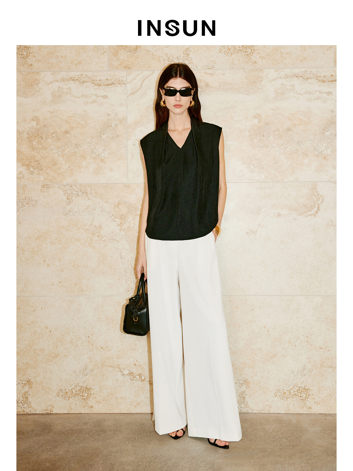 INSUN恩裳专选2026夏季V领连肩袖易打理显瘦100%醋纤背心9C66204010