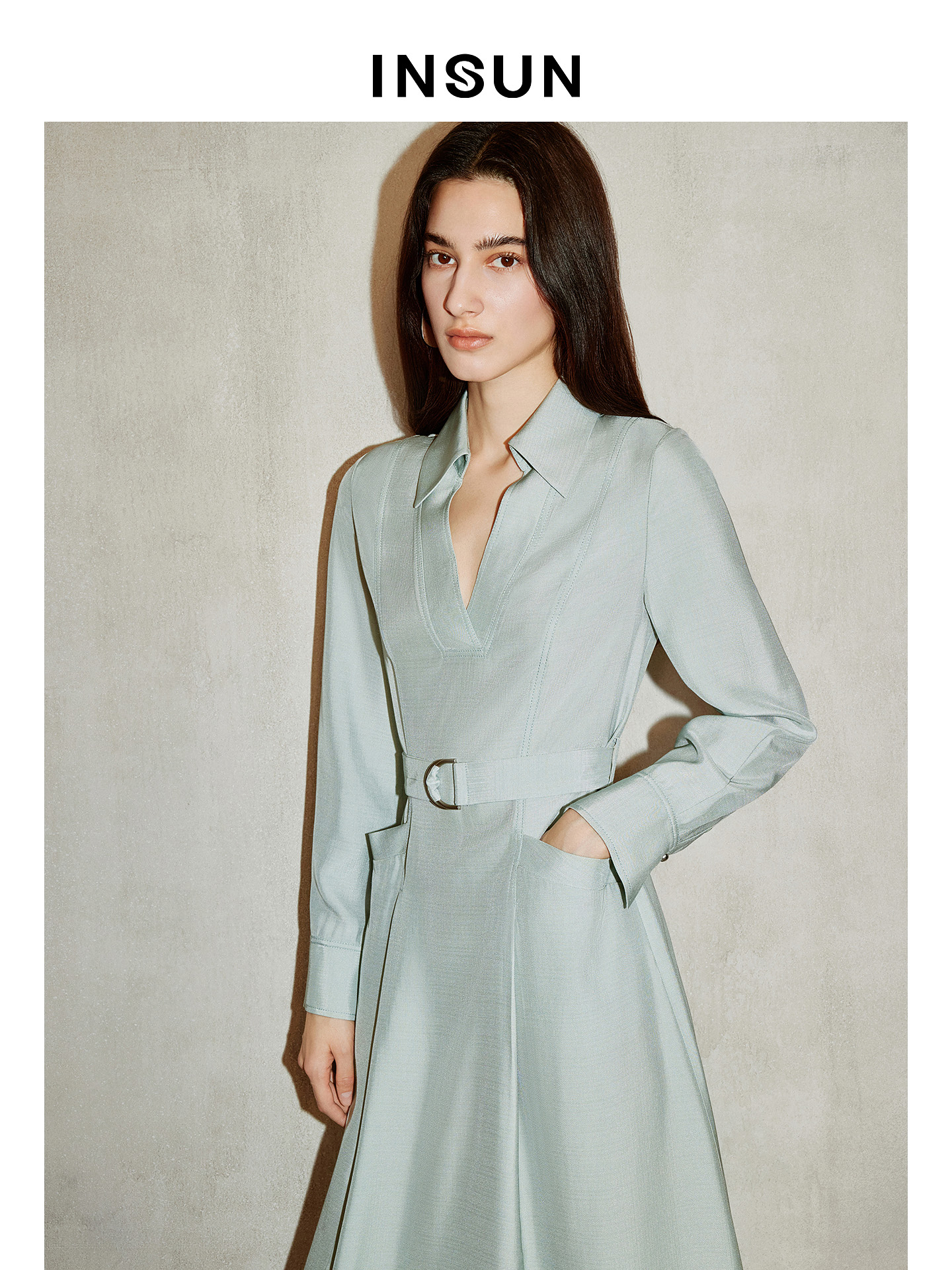 INSUN恩裳专选2026春季衬衫式V领醋酸长袖连衣裙9C66105050