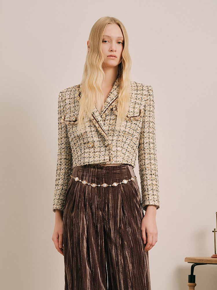 OBBLIGATO奥丽嘉朵2024春季金标香槟金色花纱箱型短外套1C34110010