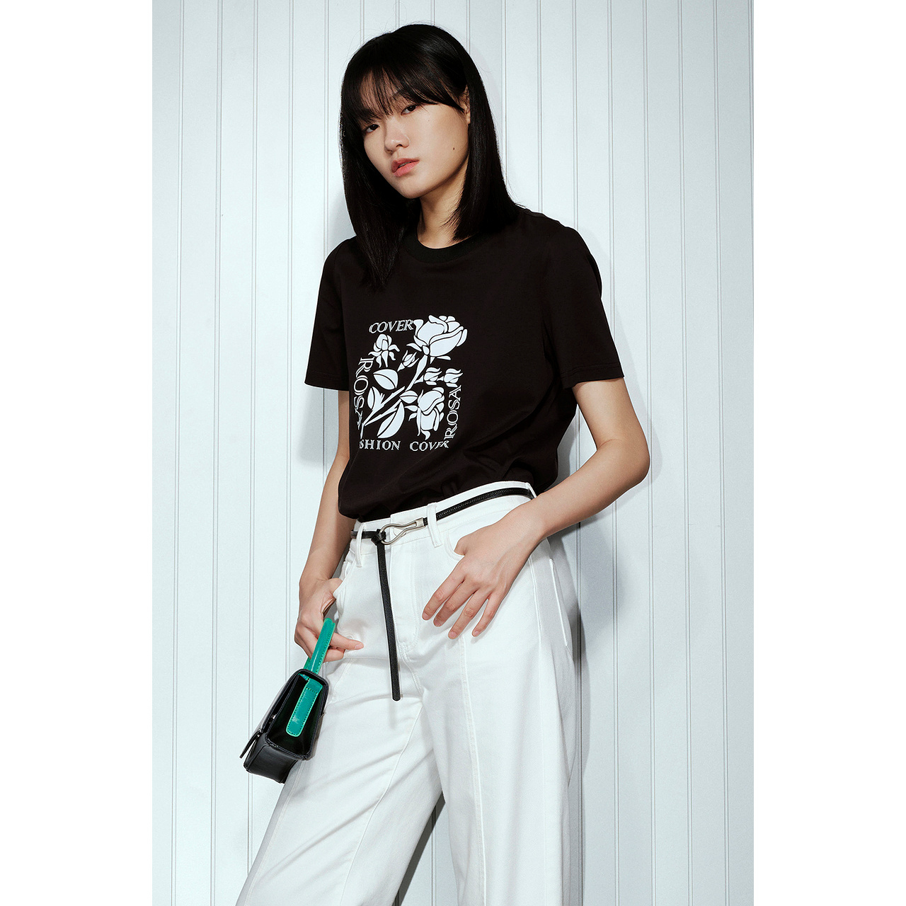COVERINS夏季重工植绒印花工艺舒适滑爽双面丝光棉短T恤CC33260210