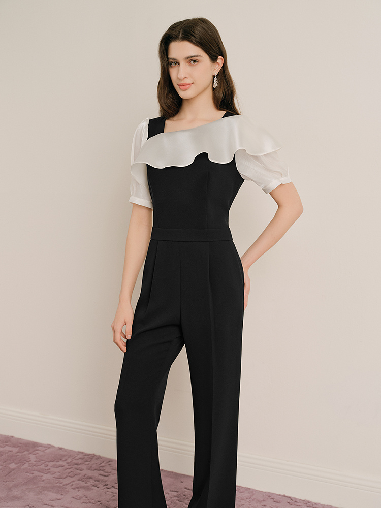 OBBLIGATO奥丽嘉朵专选2025夏季新品撞色荷叶领一字肩高腰连体裤1C65302070