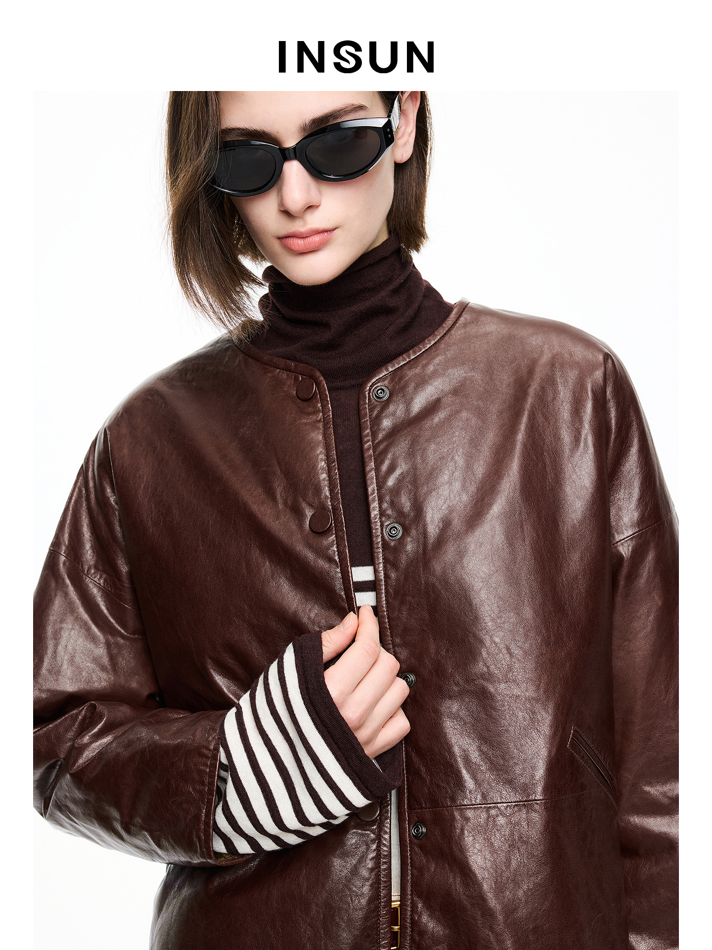 INSUN恩裳2026春季通勤风亮面利落感绵羊皮革皮衣9C36109500