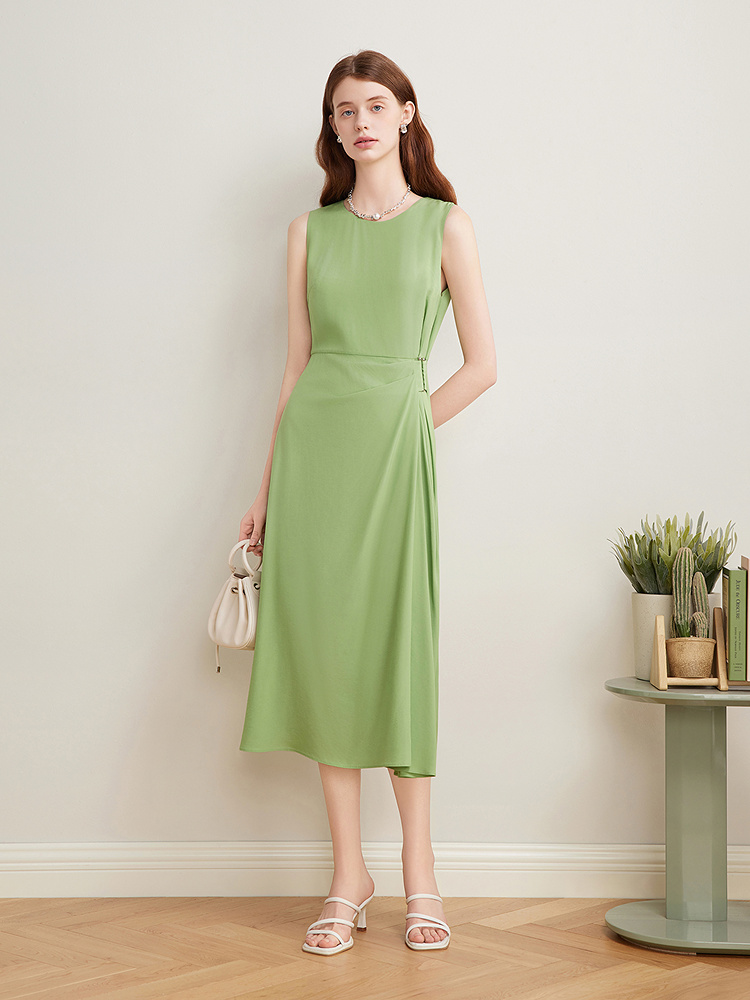 Goodland美地女装2025夏季绿色抓褶醋酸无袖背心连衣裙长款LC35205050