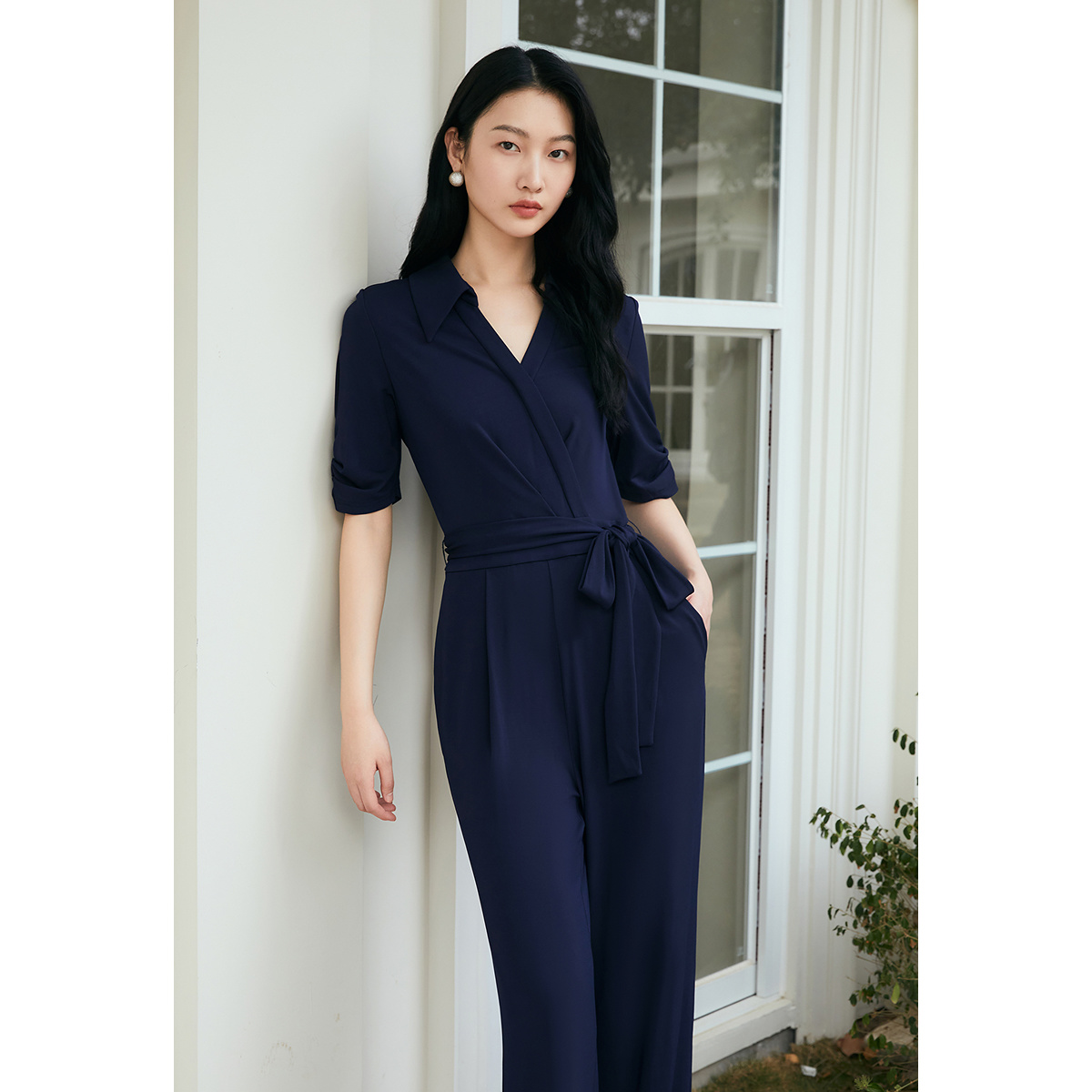 OBBLIGATO奥丽嘉朵2025夏季新品藏蓝色商务气质连体裤1C35202090