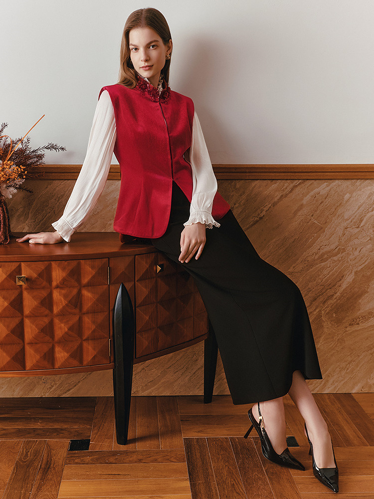 OBBLIGATO奥丽嘉朵2026春季新款三醋酸手工钉珠立领丝绒收腰马甲1C36101060