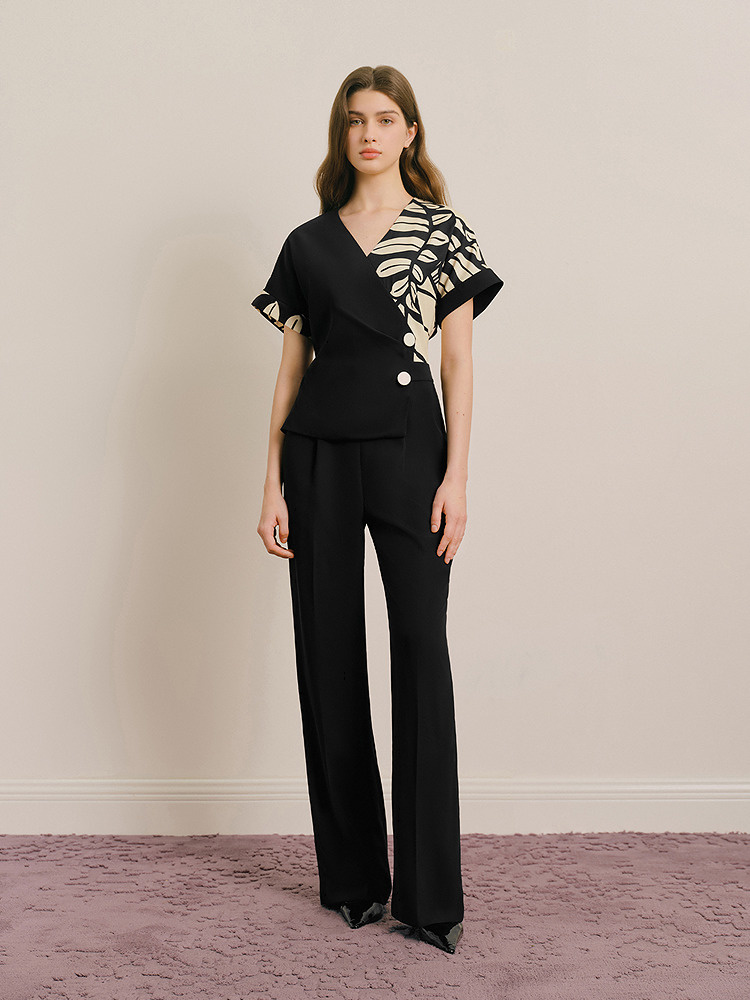 OBBLIGATO奥丽嘉朵专选2025夏季新品V领落肩袖撞色假两件连体裤1C65302060