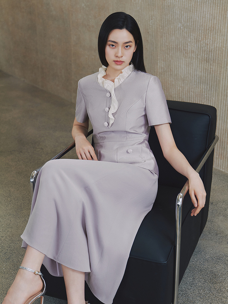 OBBLIGATO奥丽嘉朵2026夏季新款木耳边收腰短袖多场合连衣裙1C66205420