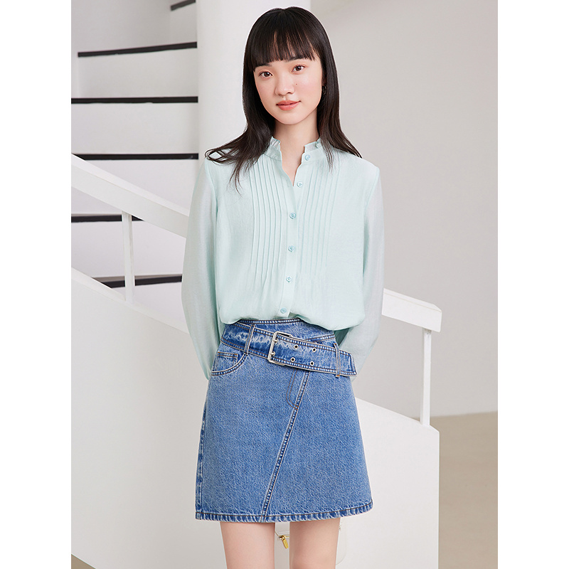 Goodland美地女装2025秋醋酸风琴褶花边长袖衬衫LC35330100