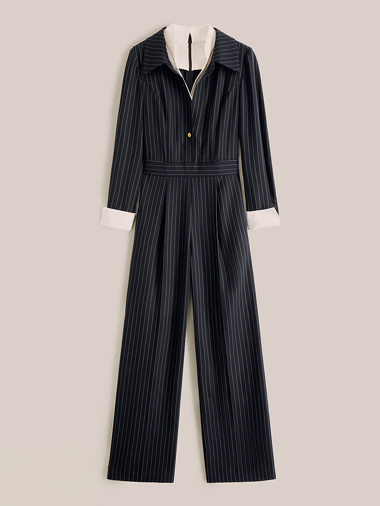 OBBLIGATO奥丽嘉朵2025秋季藏蓝条纹撞色高级商务连体裤1C35302030
