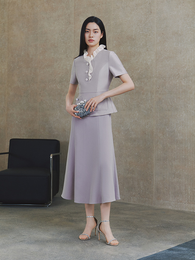 OBBLIGATO奥丽嘉朵2026夏季新款木耳边收腰短袖多场合连衣裙1C66205420