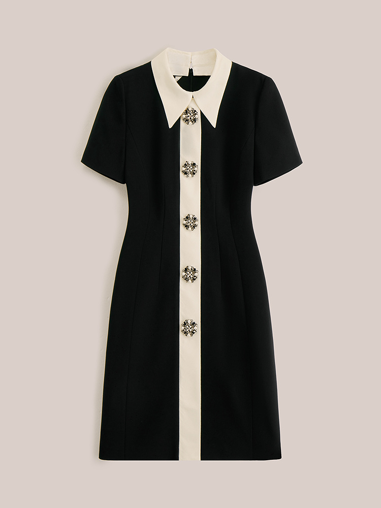 OBBLIGATO奥丽嘉朵专选2025夏季新品尖领撞色绣花扣收腰连衣裙1C65205450