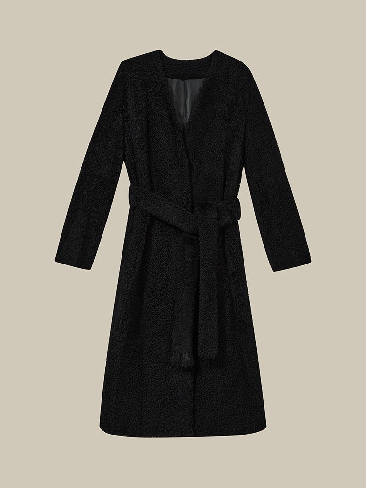 Song of Song歌中歌2024秋季赫本风黑色绵羊毛革皮草大衣5C64309340