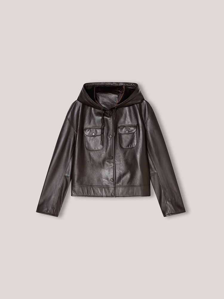 Goodland美地2024秋季法式深棕色连帽羊皮皮衣外套LC34309020