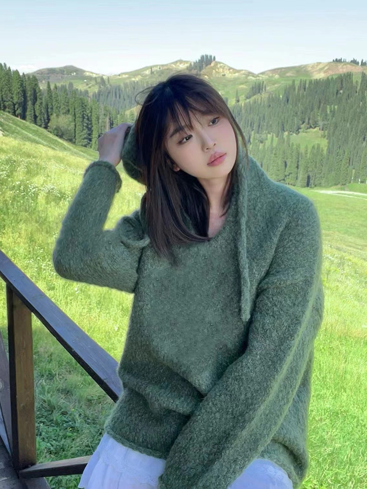 ToyzY24春慵懒蓬松绿色羊驼毛连帽毛衣7C54106240