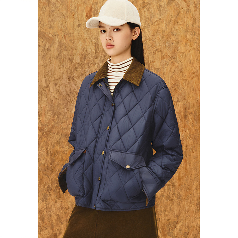 ToyzY2025冬季新款宽松衬衫式撞色拼接灯芯绒菱形格棉服ZC35508030