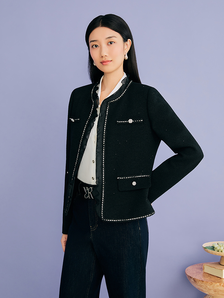 YINER音儿专选2026秋季新款法式花边圆领细闪粗花呢香风短外套8C66310016