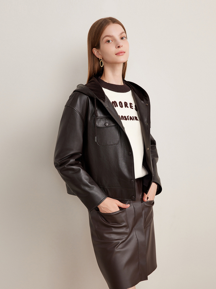 Goodland美地2024秋季法式深棕色连帽羊皮皮衣外套LC34309020