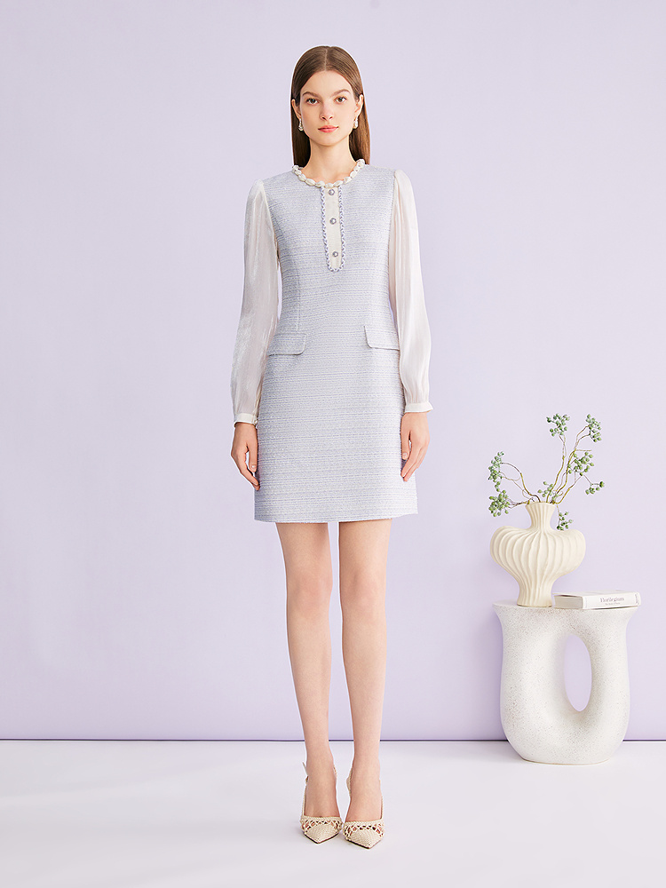 YINER音儿专选2026春季新款羊毛混纺闪丝花纱肌理直筒廓形连衣裙8C66105116