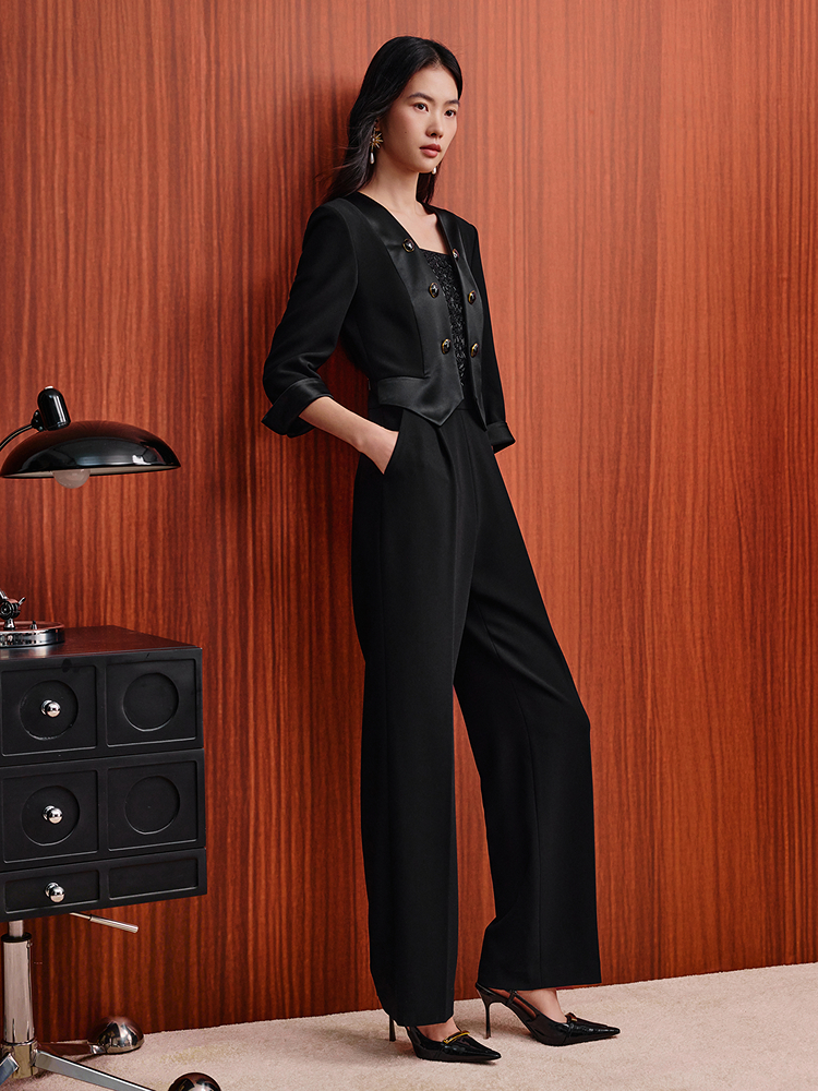 OBBLIGATO奥丽嘉朵2026春季新款进口三醋酸拼接蕾丝珠片连体裤1C36102050