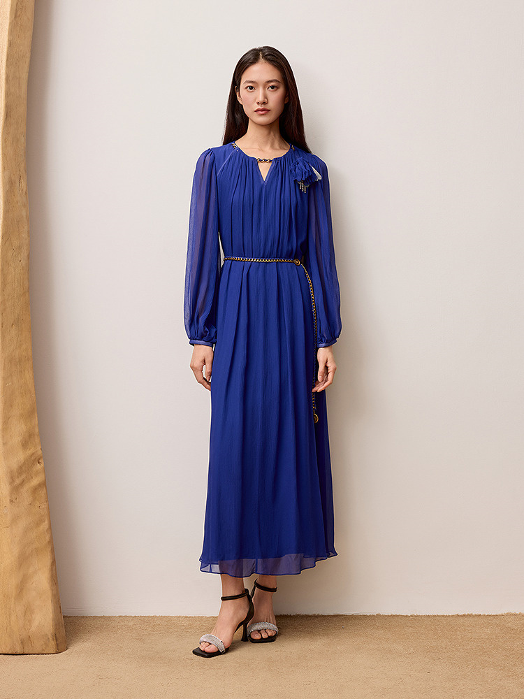 OBBLIGATO奥丽嘉朵专选2025秋季新品桑蚕丝花朵浓郁蓝修身连衣裙1C65305250