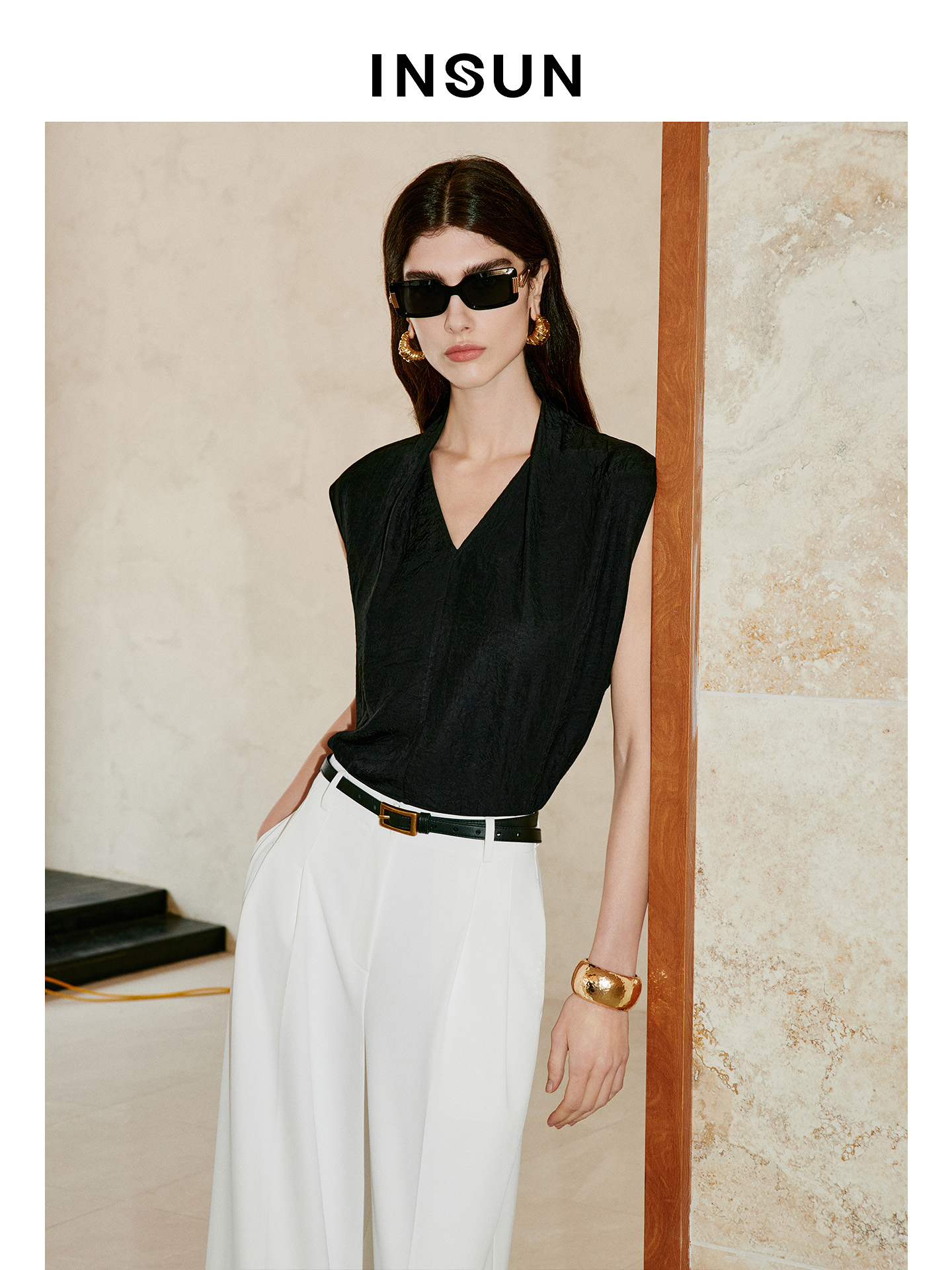 INSUN恩裳专选2026夏季V领连肩袖易打理显瘦100%醋纤背心9C66204010