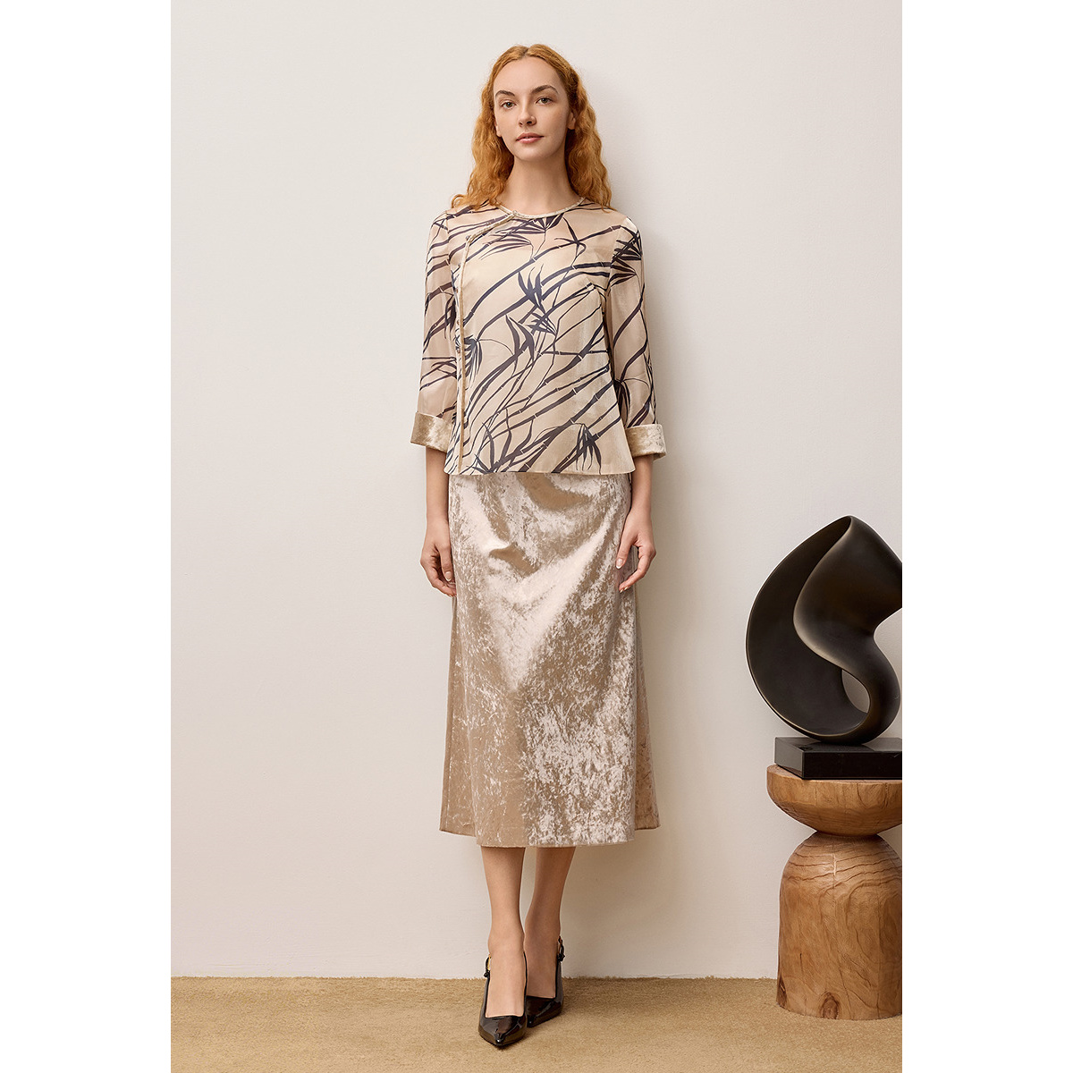 OBBLIGATO奥丽嘉朵2025秋季新品新中式雅韵竹纹印花盘扣上衣1C35330060