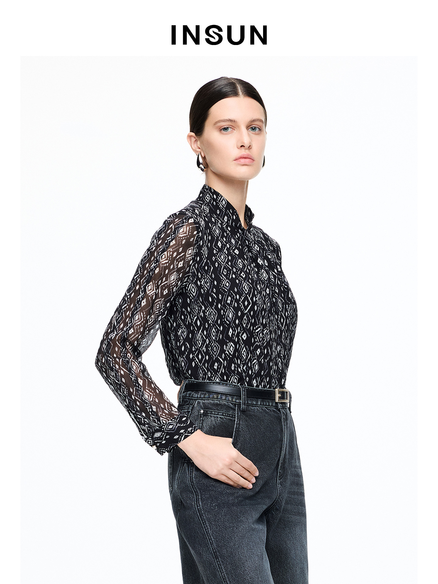 INSUN恩裳专选2026春季印花轻盈100%桑蚕丝长袖衬衫9C66170110