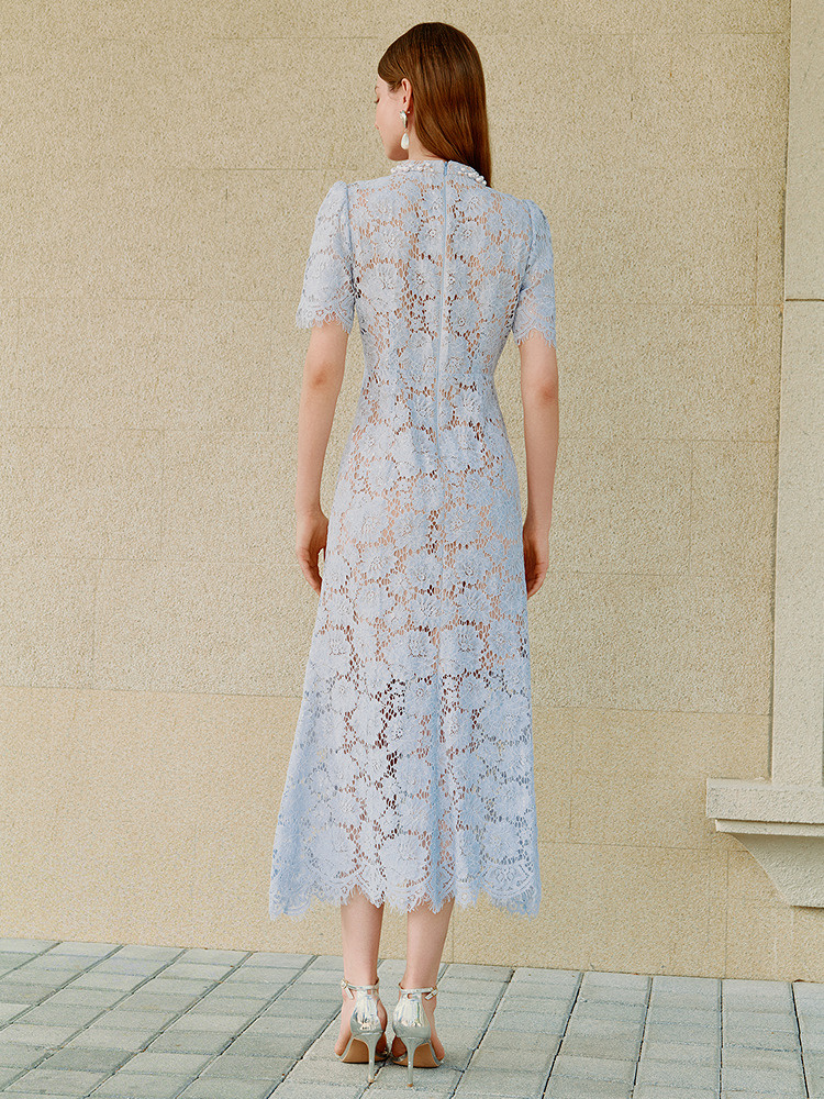 OBBLIGATO奥丽嘉朵2026夏季新款蕾丝钩花镂空珍珠领收腰连衣裙1C66205340