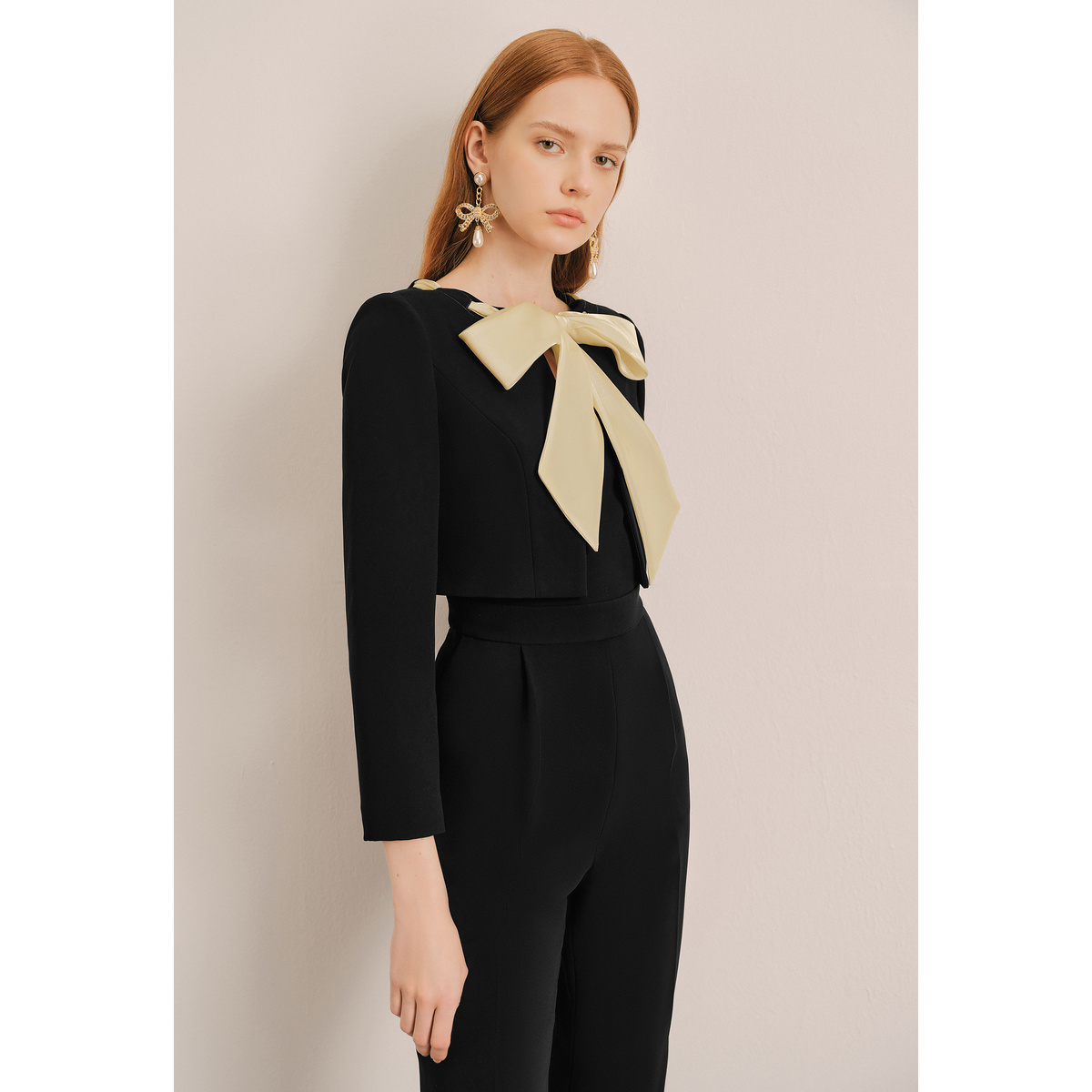 OBBLIGATO奥丽嘉朵2024冬季黑色蝶结系带假两件连体服1C64502170