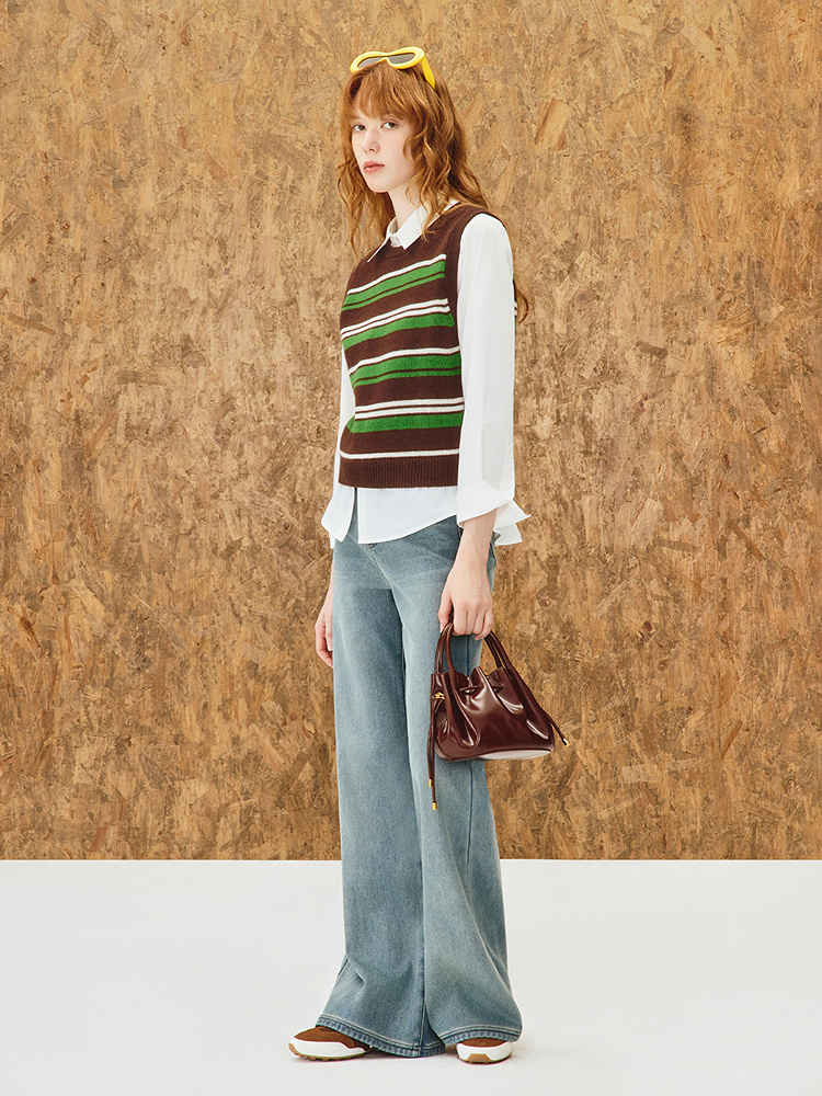 ToyzY2025冬季复古撞色条纹100%绵羊毛针织背心ZC35504010