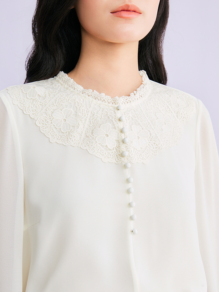 YINER音儿专选2026春季新款时尚通勤OL优雅拼接花边立领衬衫上衣8C66170016