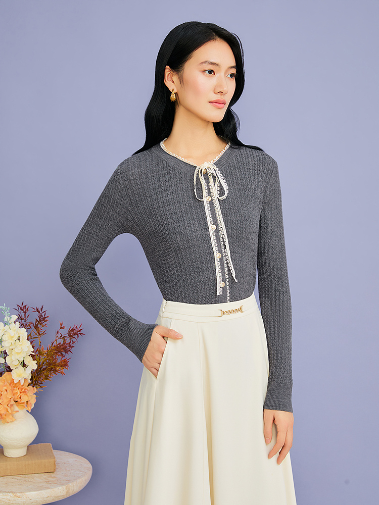 YINER音儿专选2026秋季新款蕾丝系带圆领美丽诺羊毛混纺针织衫8C66306246